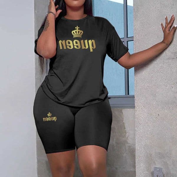 Womens Queen Tracksuit Casual T-shirt Shorts 2 Pcs Set Outdoor Sports Jogging Woman Clothing Summer Fashion Streetwear D260603