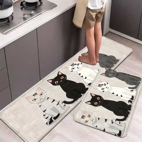Cat Black Comic Gray White Cute Hand Drawn Kitchen Floor Mats Non-Slip Indoor And Outdoor Entry Mats Bathroom Mats L260603