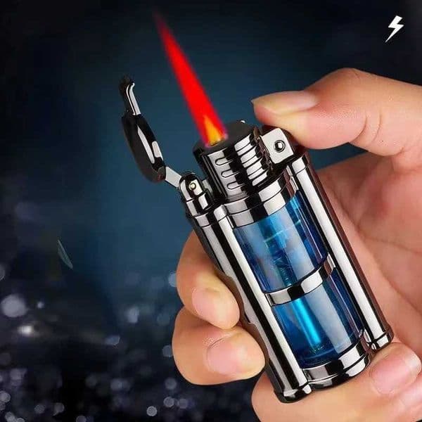 Direct 2023 Windproof Charge Transparent Visible Air Bin Metal Gas Turbine Lighter Kitchen Barbecue Camping Cigar Tool Mens J260603