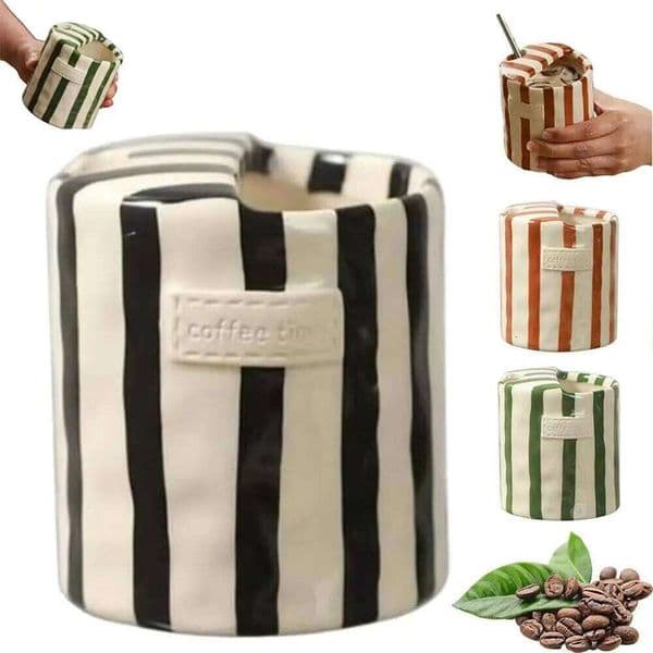 Retro Cups, 10oz Mug with Sip hole Ceramic Cup,Hand-Painted Striped Travel Mugs for Coffee Lovers 26L0603