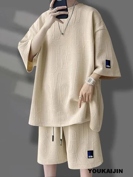 Mens Korean Summer Suit Casual Tshirt Shorts Tracksuit Solid Color Loose Plus Size 5XL 260603