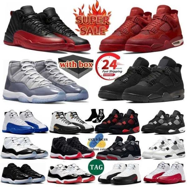 With Box Basketball Shoes 4s 11s 12s Mens Women Black Cat Brick by Military Sail Olive Fire Red Cool Grey Retro Flu Game Blueberry Outdoor Sport Trianers Sneakers