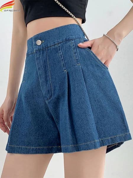 DFRCAEG Summer Plus Size Denim Shorts For Women High Elastic Waist Blue Or Sky Blue Pleated Mini Large Size Short Femme 260601