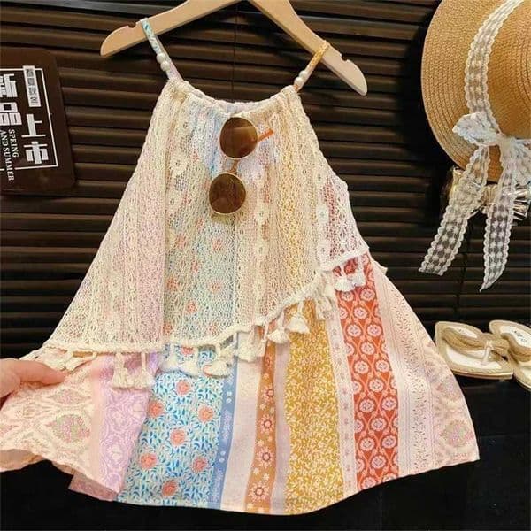 Girls Leader Summer Sweet Bear Dress Tassel Patchwork Printing Loopholes Casual Princess Dress Fashionable Childrens Clothing M260603