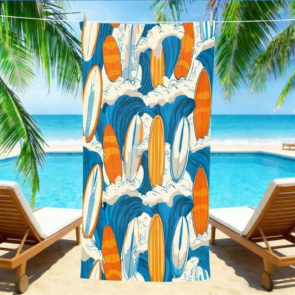 Retro Surfboard Beach Towel Oversized Quick Dry Sand Free with Ocean Wave Print 26Y0603