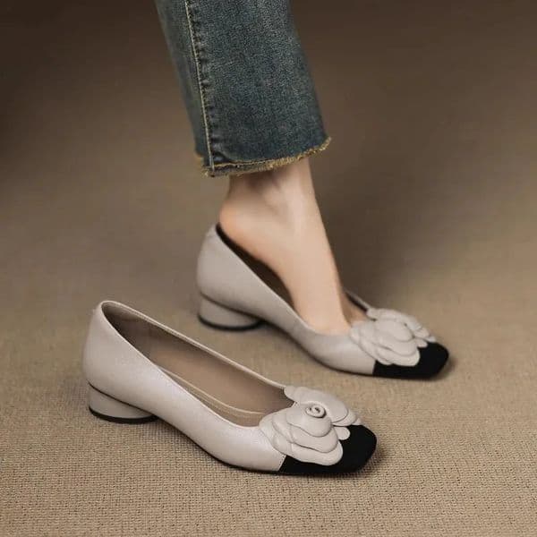 Womens Soft Leather Shoes Fashion Flower Casual Shoes French Style Square Head Low Heels for Woman Shoes Zapatos Mujer 260530