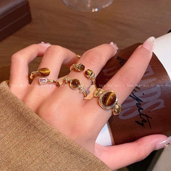 Designer Jewelry Luxury Jewelry Autumn And Winter Maillard Brown Tiger Eye Stone Women, Adjustable Open Ring For The Index Finger, Niche High-End Feel, Wholesale