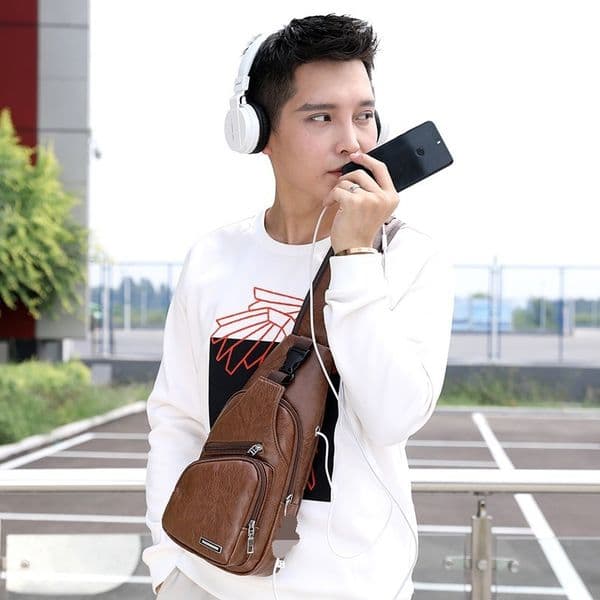 2025 New Commuting Soft Leather PU Casual Sports Multifunctional Waterproof Versatile USB Anti-Theft Men's Chest Bag