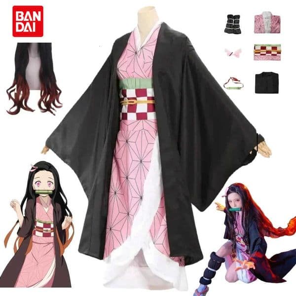 Nezuko Kamado Cosplay Kostuum Anime Kimono Kamado Nezuko Pruik Uniform Halloween Vrouwen Kinderkleding L260603DAHM