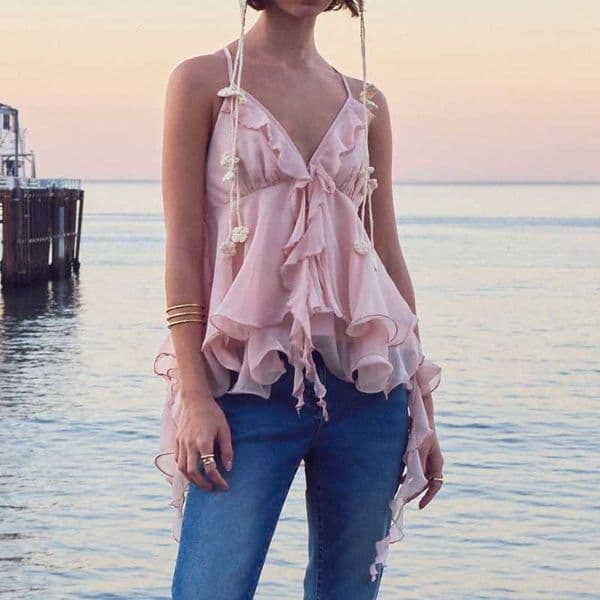 Y2k Cute Pink Ruffle Chiffon Cami Top Sexy V-neck Vest Tiered Flowy Sveless Blouse 2026 Summer New Casual Womens Clothing L260603