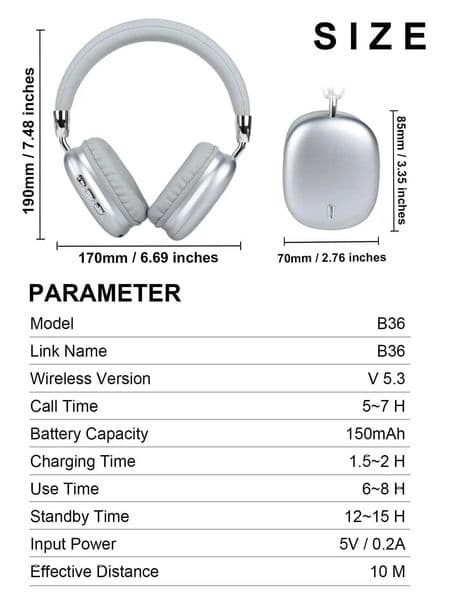 Wireless Bluetooth B36 5.3 Over-Ear Headphones with ANC Noise Cancelling 8H Playtime Ergonomic Design HD Microphone Foldable L260602BCTM