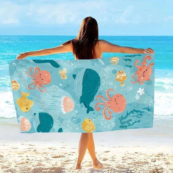 Large Ocean-Themed Beach - Microfiber Swimming Pool Bath Towel with Whale, Octopus & Fish Prints, Quick-Dry, 35x70 Inch 26Y0603