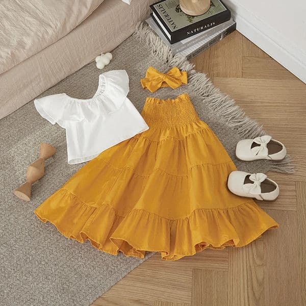 Suefunskry 2-7Y Toddler Kid Baby Girl Clothes Sets Children Outfits Summer Ruffle Off Shoulder Tops Skirts Holiday Clothing Set 260602