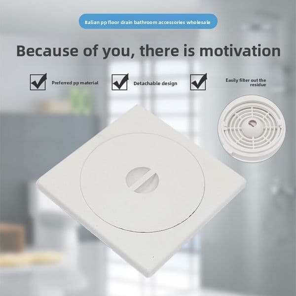 Polypropylene floor drain, suitable for use as an accessory in bathrooms and kitchens.