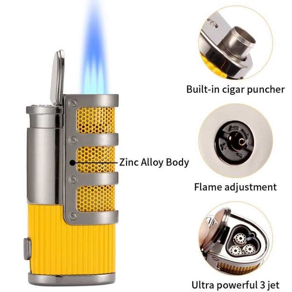 Metal Pocket Butane Torch Cigar Lighter Gas Windproof 3 Jet Smoking Lighters Cigar Accessories W/ Gift Box J260604