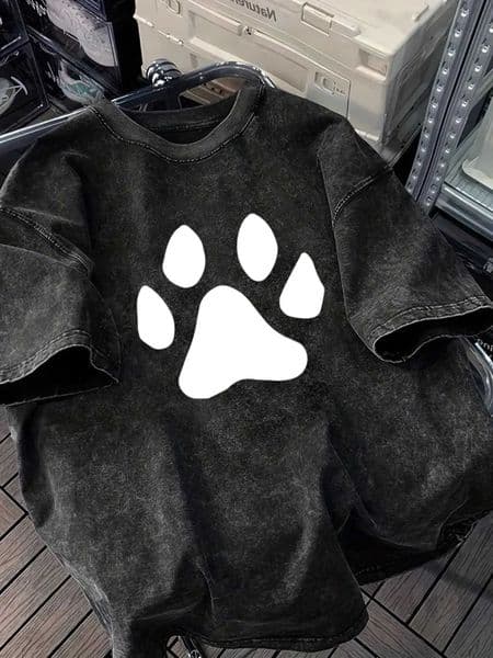 100 Summer Cotton Mens Washed T Shirt White Dog Paw Pattern Print Soft Fabric Strt Fashion Item Suitable Daily Commuting D260604
