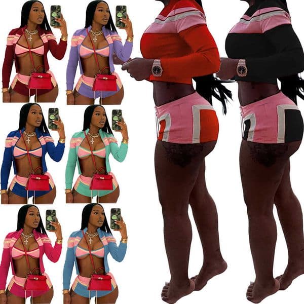 Female 2025 Summer 3 Piece Set Cute Striped Loungewear Tracksuit Bra Zip up Jacket and Shorts Sets for Women Gym Jogger Outfits T260604