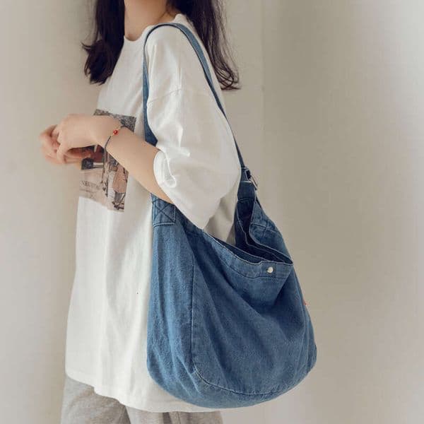 Large Capacity Denim Shoulder Bag Japanese Canvas Tote for School