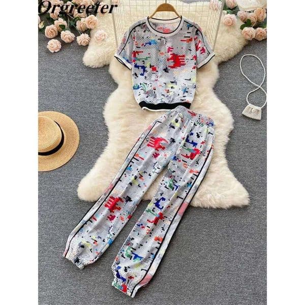 Summer New Tracksuit Women Outfits Female Print O-Neck Tshirt +Elastic Waist Pants Two Casual 2 Piece Set