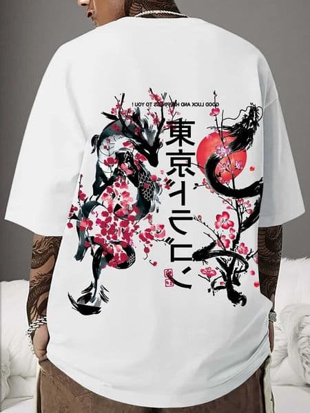 Dragon Summer Plum Flower Print 100 Cotton Mens T-Shirt Casual Short Slve Fashion Style Trendy New Style Casual Shirt D260604