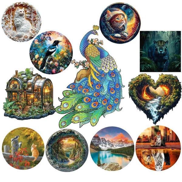 Lovely Peacock Tiger Dog Wood Jigsaw Unique Circular Wooden Animal Puzzle for Adult Kids Intelligent DIY Toys Holiday Gifts L260604A60W
