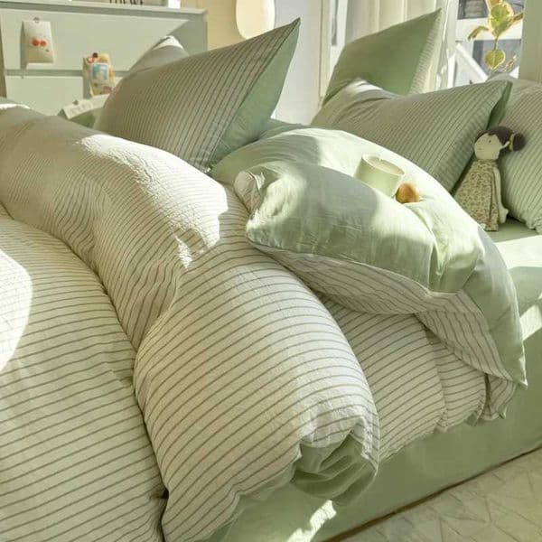 Ins Stripes 100 Washed Cotton Bedding with Pillowcase Bed Sheet Quilt Cover Single Double King Queen Size Duvet CoverT260604