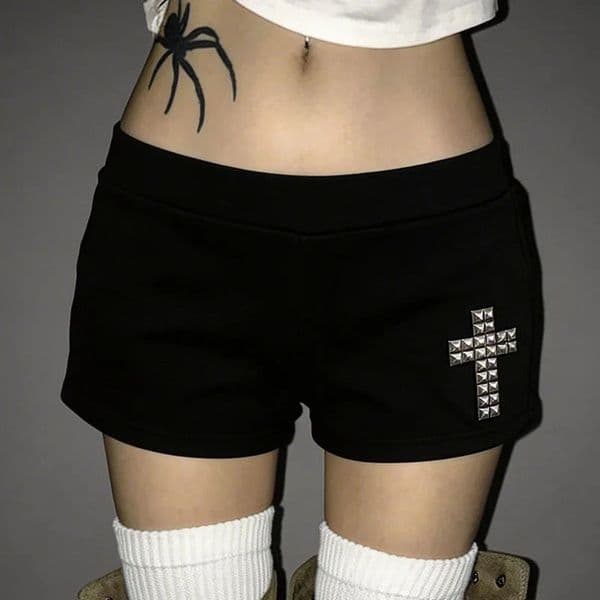 American Gothic Cross Rhinestone Decoration Low Waist Sexy Pants Summer Casual Street Shorts Aesthetic Simple Slim Minipants 260604