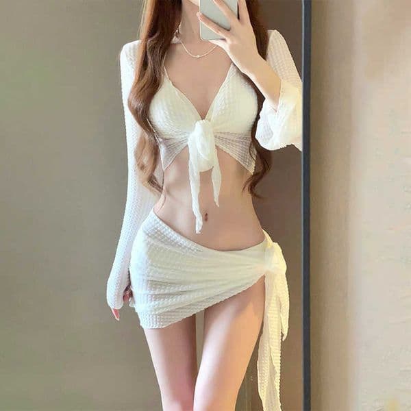 Knitted Long Sleeve Swimwear 4 Piece Set Feminine Push Up Chest Bikini Set Gathering Beach Vacation Bathing Suit for Women T260604