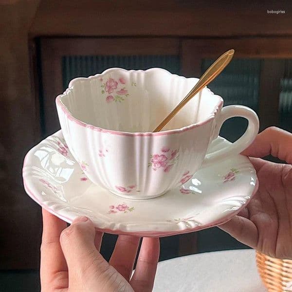 Mugs Ceramic Floral Coffee Cup And Saucer Embossed Cherry Blossom Mug Exquisite Afternoon Camellia Flower Tea Breakfast Milk