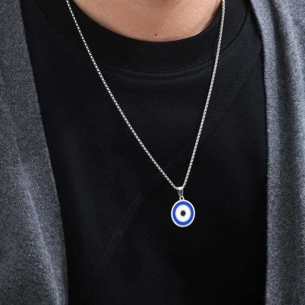 Pendant Evil Blue Eye Casual Necklaces for Men Stainless Steel Round Pendant with Chain Ethnic Turkish Collar Fathers Day Gifts L260604