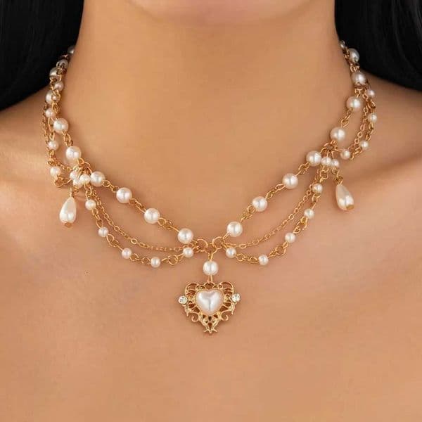 Luxury Multilayer Imitation Pearl SHIXIN Choker Necklace for Women Elegant Heart Pendant Necklace Party Jewelry Neck Accessories L260604