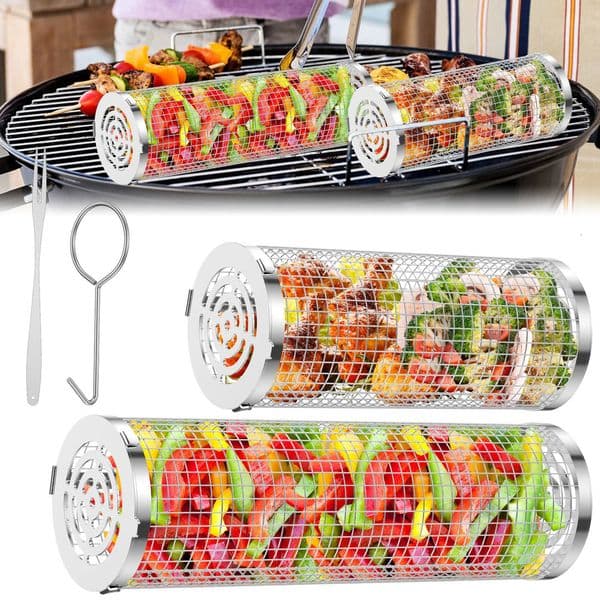 Circular rotating basket stainless steel mesh washable grill oven picnic cookware barbecue vegetables 3