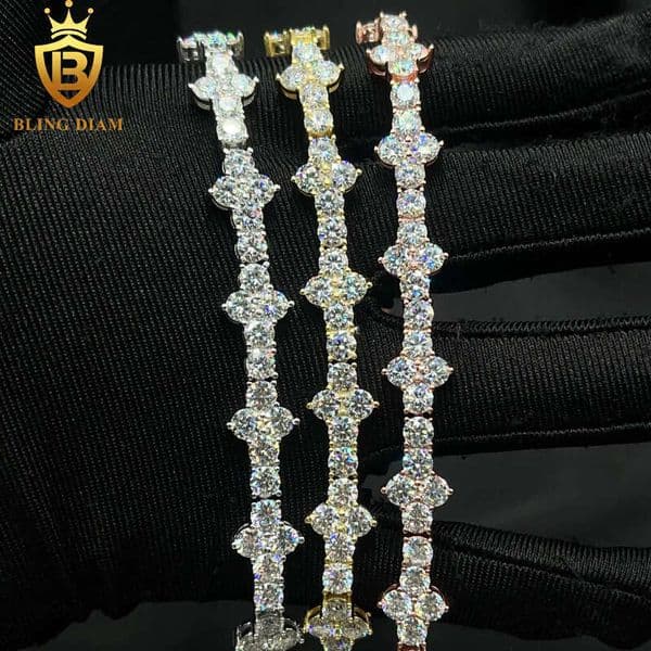 4mm Hip Hop Fine Jewelry 925 Sterling Silver Vvs Moissanite Diamond Cross Tennis Chain Bracelet