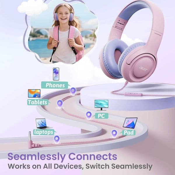 HK03 Kids Acer Wired Headphones for School 85/94dB Volume Limiter 35mm Jack Foldable Stereo Sound Headset for Girls Boy GiftsL260604