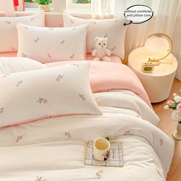3 Piece Sheet pink Rose embroidery duvet cover comfortable Bedding Bedspread for All SeasonT260604