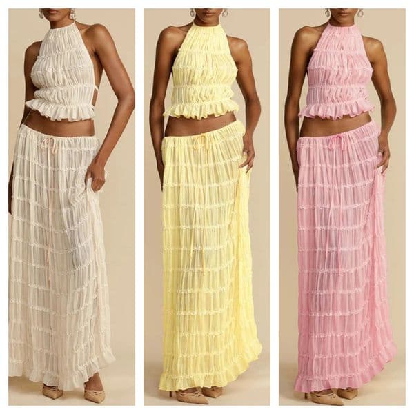 Summer Women Halter Open Back 2 Piece Set Sleeveless Top Big Swing Skirt Multi Color Sexy Matching Outfit