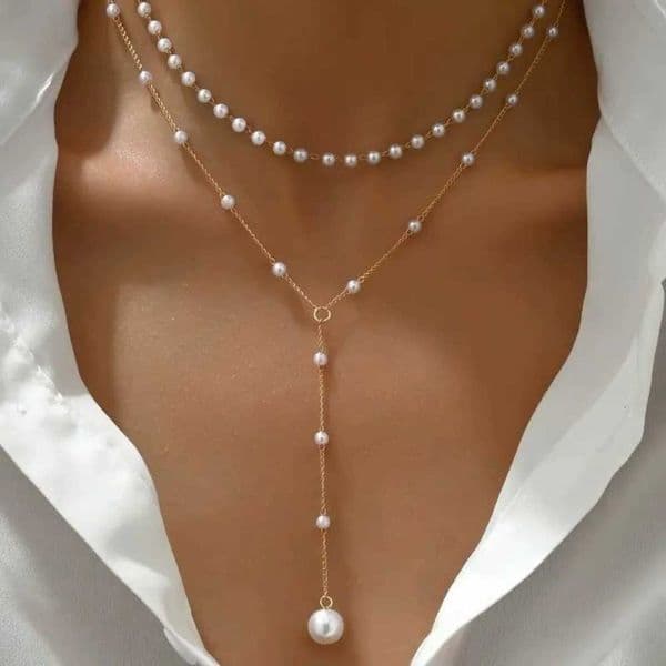 Pearl 2025 New Korean Imitation Double Layered Choker Big Ball Bead Pendant Tassel Necklace for Women Sexy Fashion Jewelry Gifts L260604