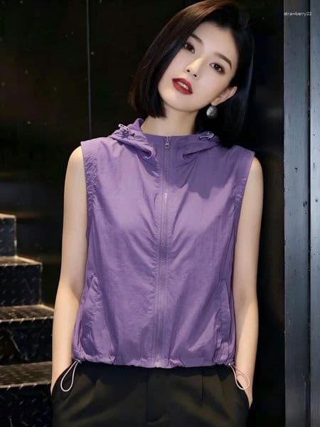 Women's Polos Lightweight Loose Sleeveless Hooded Vest 2026 Spring Summer Outdoor Casual Pure Color Zipper Style Linen Shirt