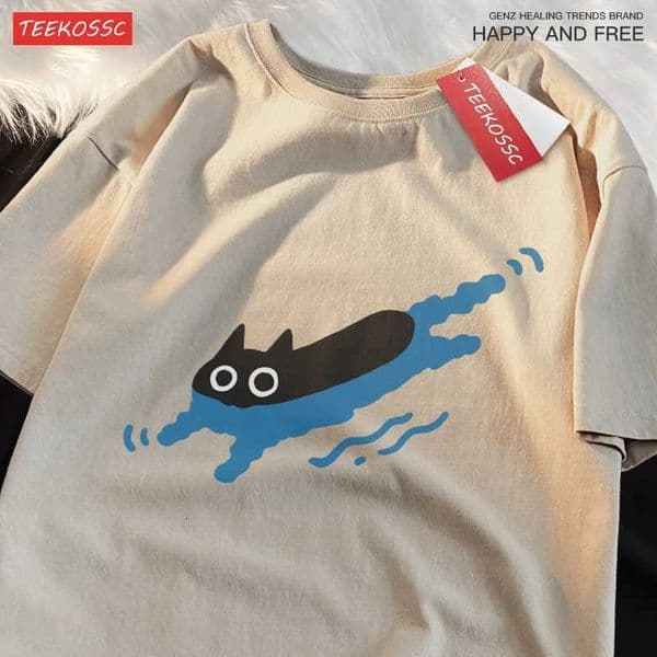 Couple Tees Swimming Black Cat Diving Shoulder Short Sleeved T-shirt For Men Women Breathable Casual Pure Cotton Loose Tops C260603