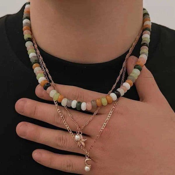 Imitation KunJoe 3Pcs/Set Boho Summer Pearl Metal Starfish Pendant Necklace Women Vintage Colorful Glass Bead Chain Jewelry Gift L260604
