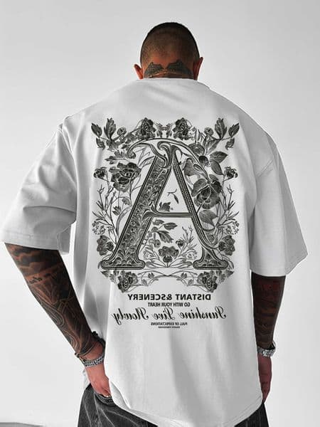 Floral Y2K Letter A Pattern 100 Cotton Mens T-shirt Summer Breathable and Loose-fitting Casual Home Wear Fashionable Top D260604