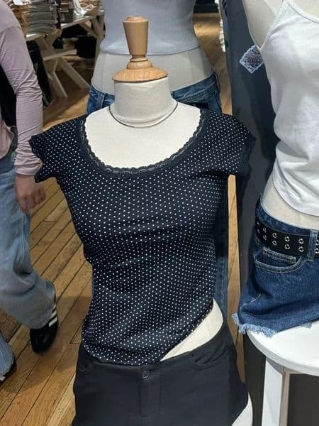 Dot Lace Trim Slim T-shirt Women Summer Scoop Neck Short Sleeve Cotton Tee Shirt Vintage Streetwear Sweet Cute Crop Tops Y2k 260604