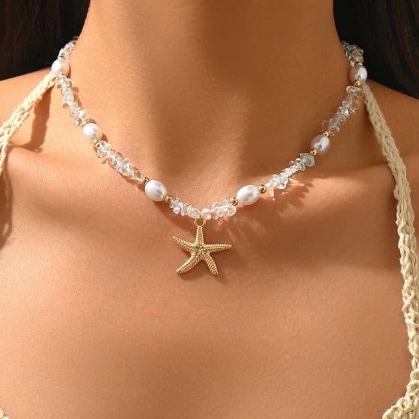 Starfish Gold Dainty Choker Layered Necklace for Women Faux Pearl Crystal Beads Adjustable Boho Summer Beach Jewelry Gift L260604