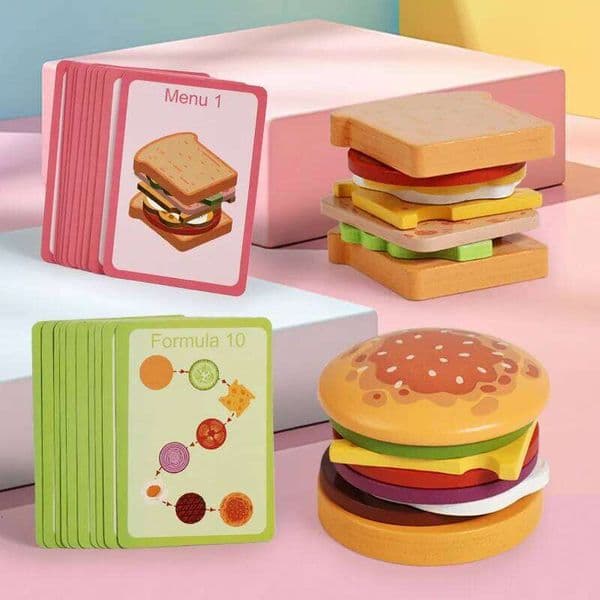 Montessori Wooden Burger Stacking for Toddlers Preschool Educational Toys Play Food Matching Birthday Toy For Kids 26W0604