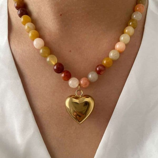 Unique Design Natural Stone Multi-Color Mixed Beaded Titanium Steel Heart Pendant, Popular Fashion Women's Pendant Necklace