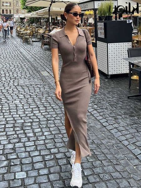Kliou Elegant Office Lady Maxi Dress Women Solid Fashion Turn-down Collar Short Sve Button Side Slit Body-Shaping Street Robe L260604