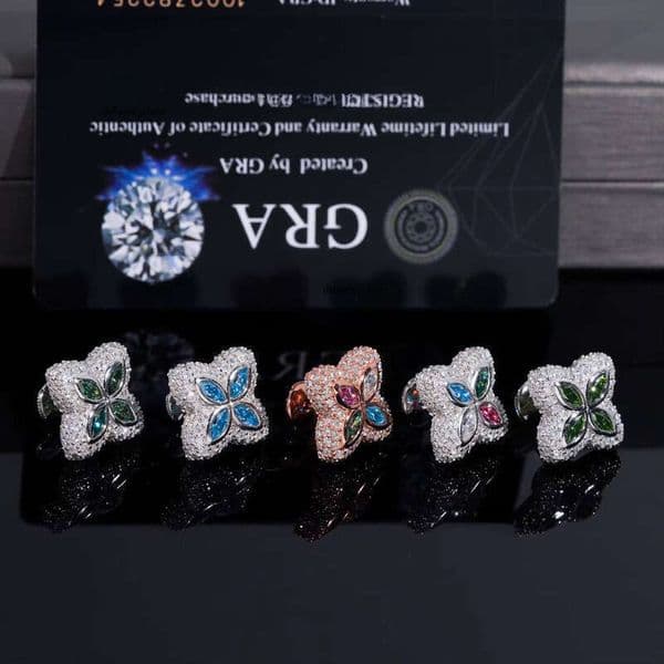 2025 High-end 925 silver Inlaid Colorful Chalcedony Four-leaf Clover Earrings VVS Moissanite Tester Approved