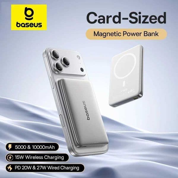 Magnetic CCCBaseus 10000mAh Power Bank PD 27W 5000mAh Magnetic Power Bank PD 20W Card-Sized Powerbank For iPhone 17 Samsung L260604
