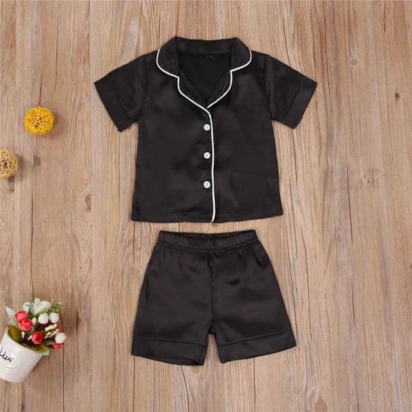 Satin Toddler Baby Black Pajamas Infant Boy Short/Long Sle Short/Long Pants Spwear Casual Button Two-pieces Set Hewear J260604