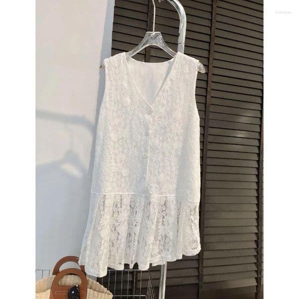 Women's Blouses V Neck Sleeveless Lace Patchwork Elegant Vest Tops Women Clothing Solid Simplicity Temperament Blouse Fashion Summer